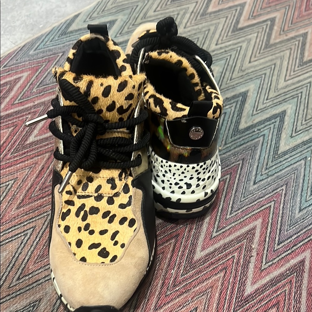 STEVE MADDEN Cliff Sneaker Leopard Hide Print w/ Black Gold leather Accents sz7